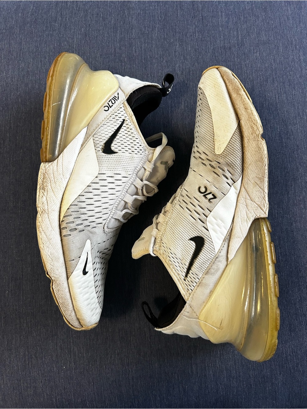 Nike Men's Sneakers in White with Black Swoosh and Yellowed Air Unit